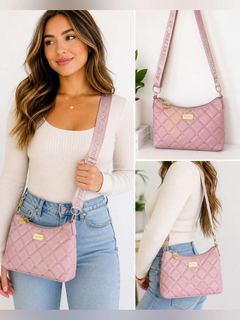 Betsey Johnson LBLola Quilted Mauve Pink Crossbody Shoulder Bag Heart Accent
